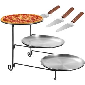 7 Pcs Pizza Pan Riser Stands Sets, Including 3 Tier Dessert Stand with Stainless Steel Pizza Pans(7.87in), and 3 Cake Spatulas for Cakes, Desserts, Pizza, Appetizers