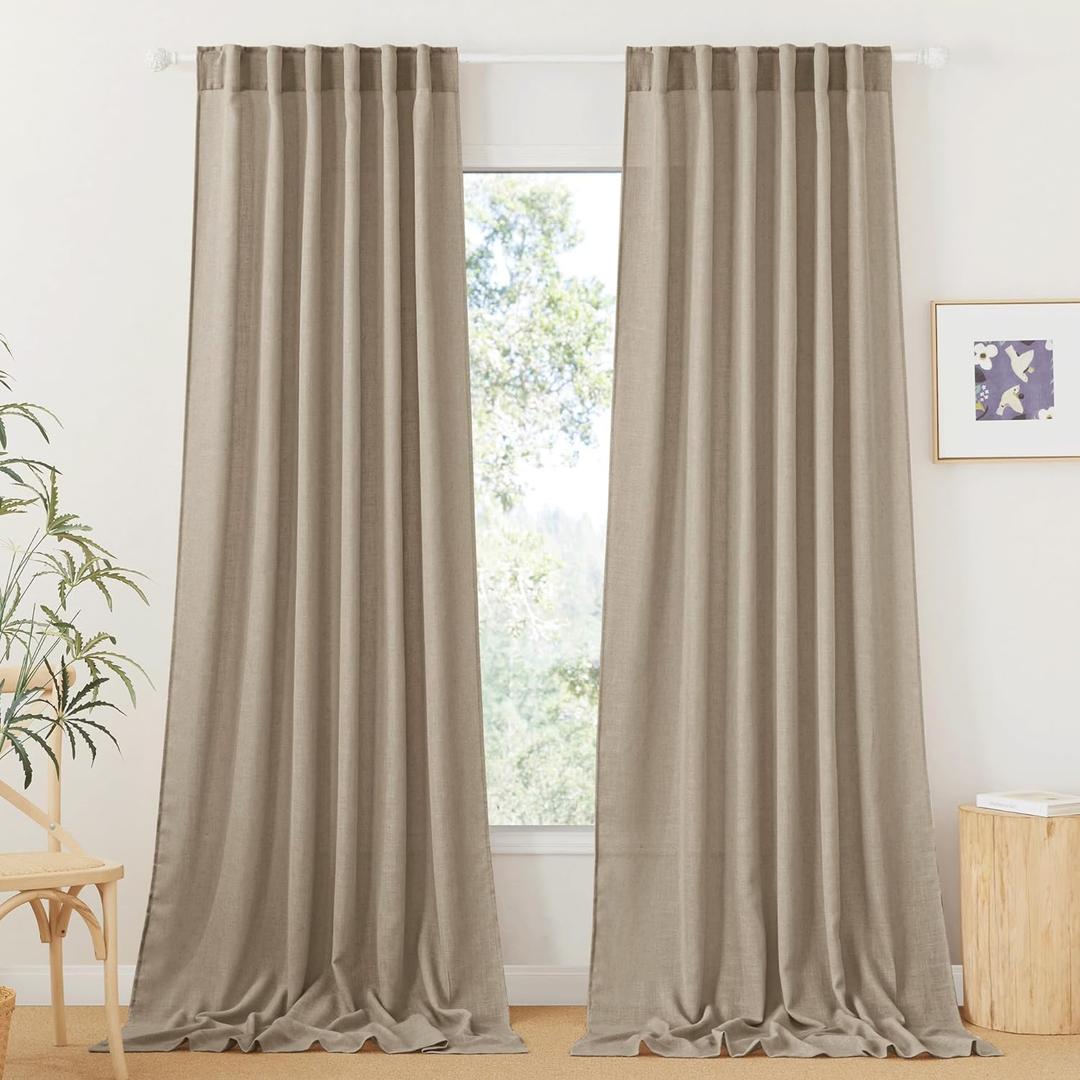 RYB HOME Linen Sheer Curtains for Living Room, Boho Classic Linen Blend Elegant Light Filtering Privacy Protected Panels Ceiling Curtains for Bedroom Gym Room, Khaki, 52" W x 108" L, 2 Panels
