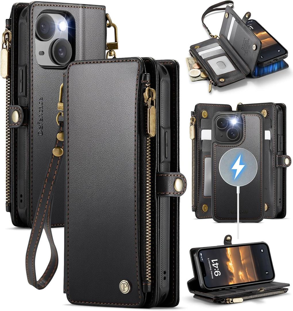 Defencase for iPhone 15 Magnetic Wallet Case Compatible with Magsafe with RFID Blocking Zipper & Card Holder for Women Men, PU Leather Strap Detachable Phone Case for iPhone 15 (6.1 inches), Black