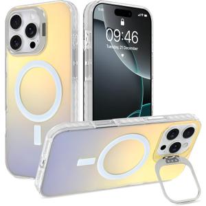 Cute Case for iPhone 16 Pro Case with Stand for Women Girls Men [Compatible with Magsafe] Aesthetic Glitter Sparkly Bling Magnetic Phone Cover with Camera Lens Kickstand, Iridescent White