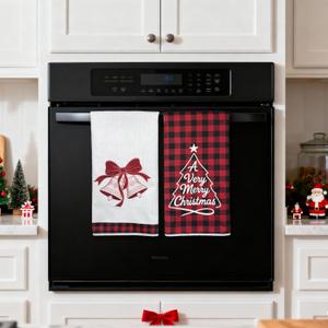 Red Black Buffalo Plaid Merry Christmas Jingling Bell Kitchen Towels Dish Towels, 17x27 Inch Daily Seasonal Winter Decoration Hand Towels Set of 2,Microfiber Farmhouse Decor Tea Towels