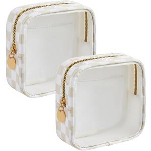 Yarnic Clear Makeup Bag for Purse Mini Makeup Bag Small Cosmetic Pouch for Women Cosmetic Organizer Travel Case, 2 Pack (Beige Checker)