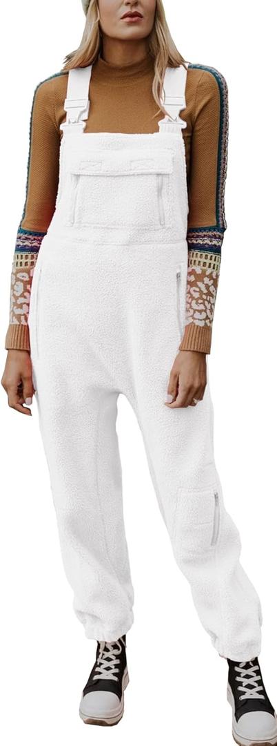 Ebifin Women's Fleece Warm Overalls Winter Loose Casual Jumpsuits with Pockets (Medium, White)