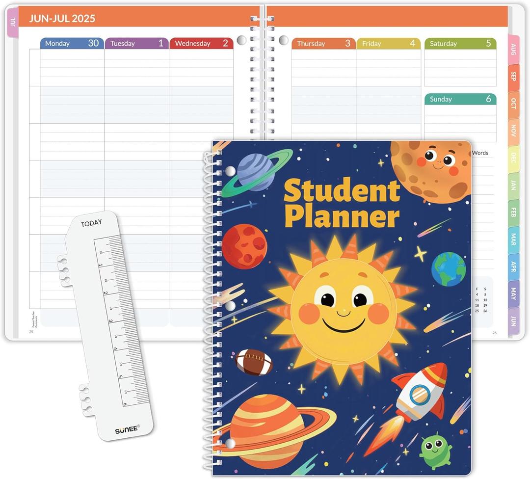 SUNEE Elementary Student Planner 2025-2026, Academic Year Jul. 2025 - Jun. 2026, 8.5"11" School Planner, Datebooks Weekly & Monthly Plan Book with 3-Hole Punched/Bookmark/Monthly Tabs, Solar System