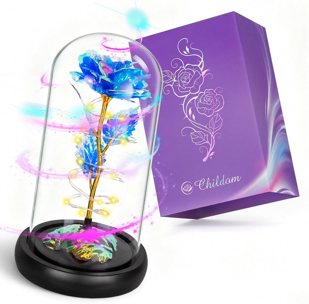 Childom Mothers Day Flowers Gifts for Mom,Birthday Gifts for Women,Rotating Light Up Rose in A Glass Dome,Mothers Day Flowers Gift for Mom from Daughter Son,Blue Valentines Gift for Her.Wife,Grandma