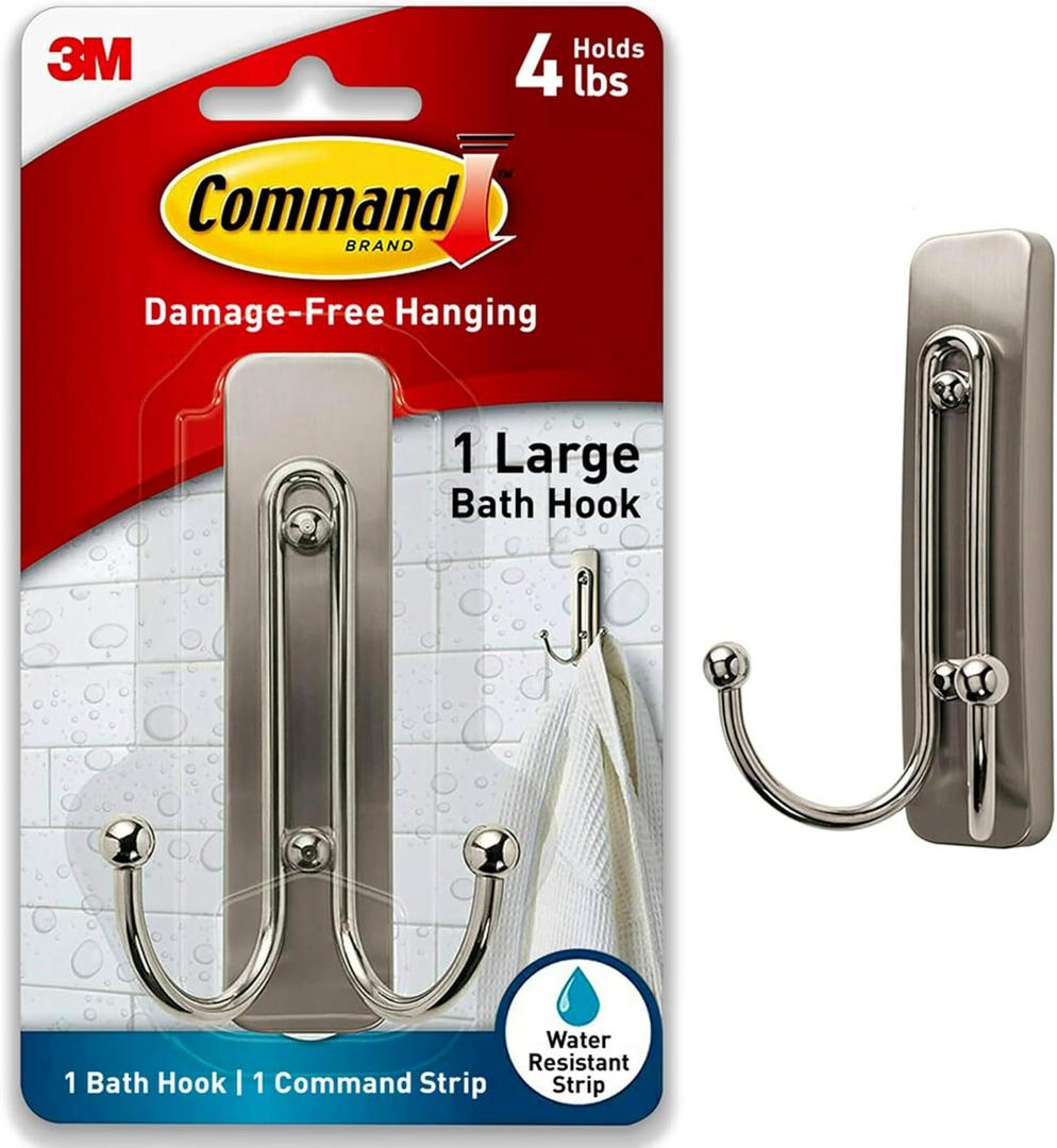 Command Large Double Bathroom Wall Hook, Damage-Free Hanging with Adhesive Strip, Great for Hanging Bath Towels, 1 Satin Nickel Wall Hook and 1 Water-Resistant Strip, Holds up to 4 lb