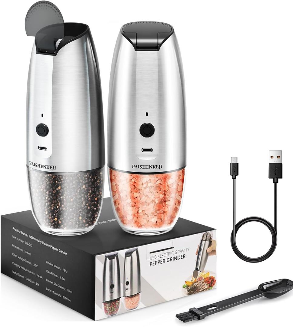 Electric Salt and Pepper Grinder Set: - For Gravity Electric Salt and Pepper Shakers Set Rechargeable Automatic Spice Grinder USB Powered Spice Peppercorn Shaker with Adjustable Coarseness (Silver-Upgraded)