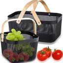 Nexboraque 2 Pack Plastic Picnic Baskets, Mesh Harvest Basket with Foldable Wooden Handle, Rectangle Fruit Vegetable Storage Organizer Bins for Gathering, Kitchen, Pantry, Black