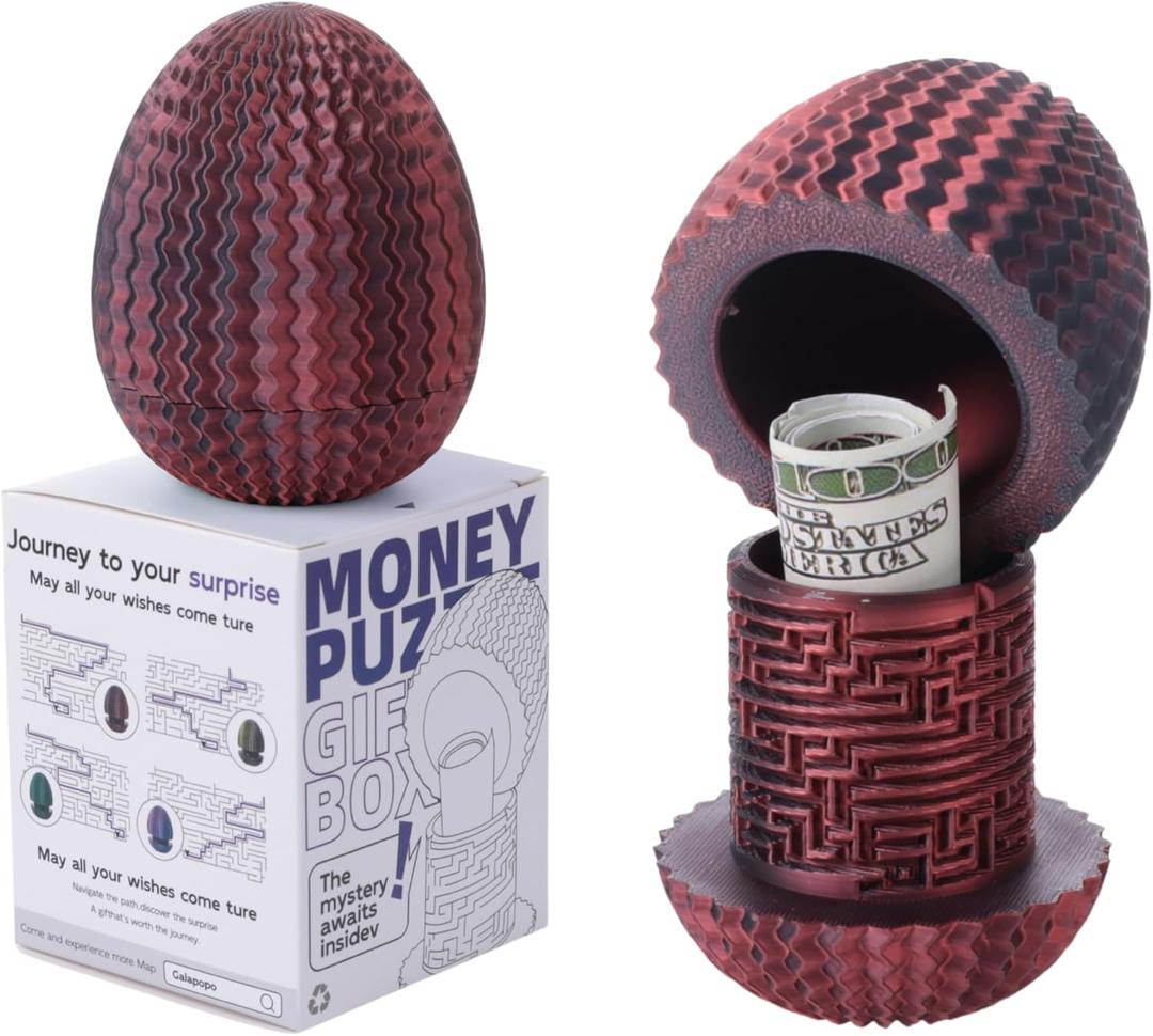 Maze Egg Money Puzzle Gift Box: in 4 Unique Internal Designs - Secret Cash Holder & Surprise Gift Container for Easter, Birthday, Wedding - Fun Brain Teaser Toy for Kids & Adults (Red Black)
