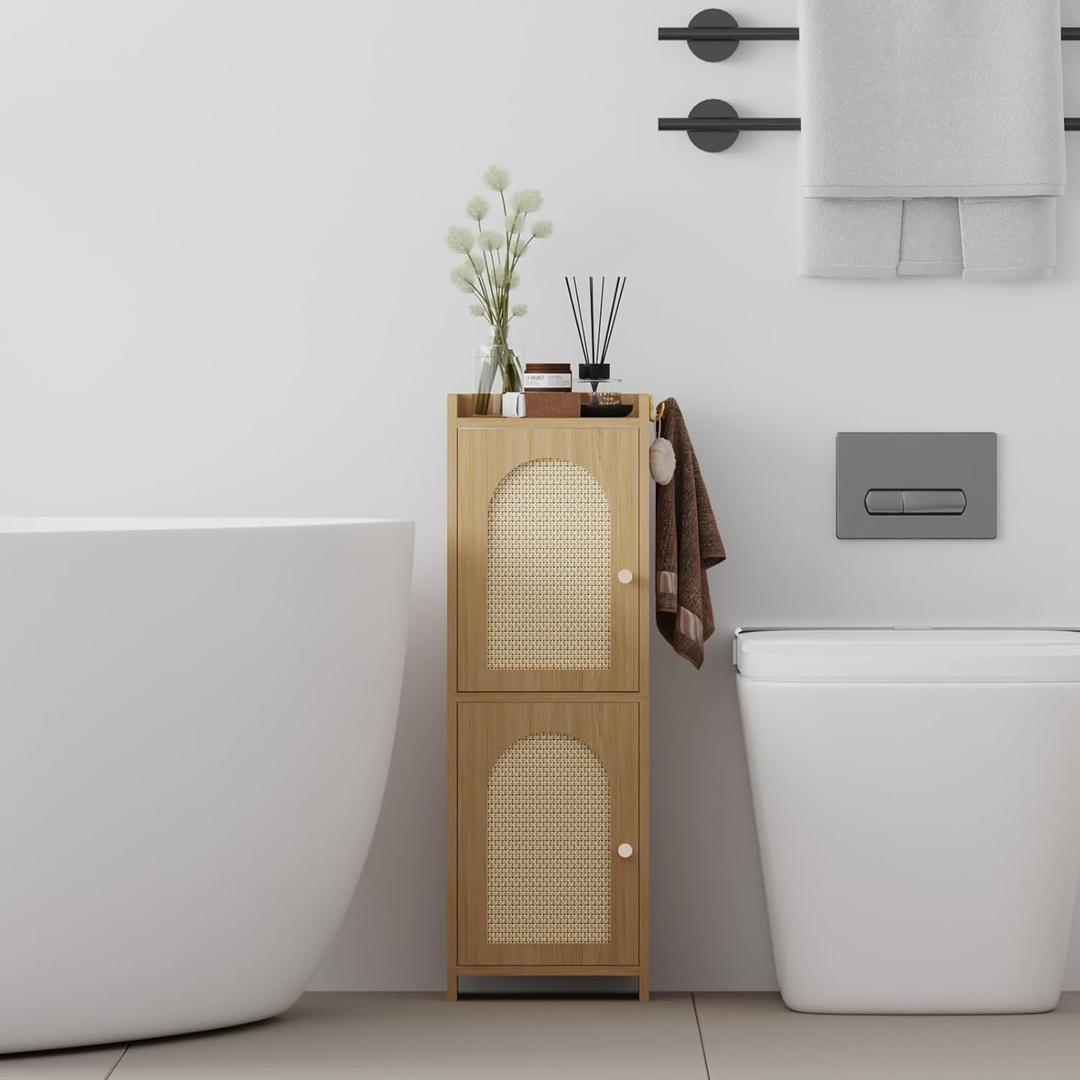 Rattan Bathroom Storage Cabinet,Corner Floor Cabinet with 2 Doors and Adjustable Shelf, Narrow Toilet Paper Cabinets with 2Hooks,Toilet Organizer for Small Spaces,7.87"D*9.84"W*29.72"H Oak
