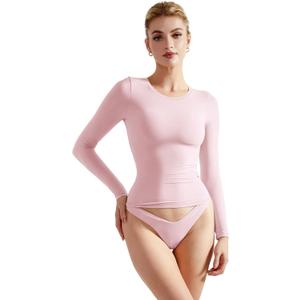 SUUKSESS Women Double Lined Fitted Basic T Shirts Crew Neck Long Sleeve Crop Top (X-Small, Blush)