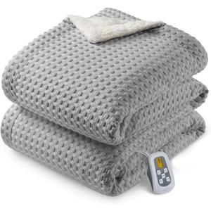 CAROMIO Heated Blanket Full Size, Waffle Weave Electric Blanket Throw with LCD Controller, Fast Heating, 10 Heat Levels & 1-12H Time Settings, ETL Certified, Machine Washable, Grey, 72" x 84"