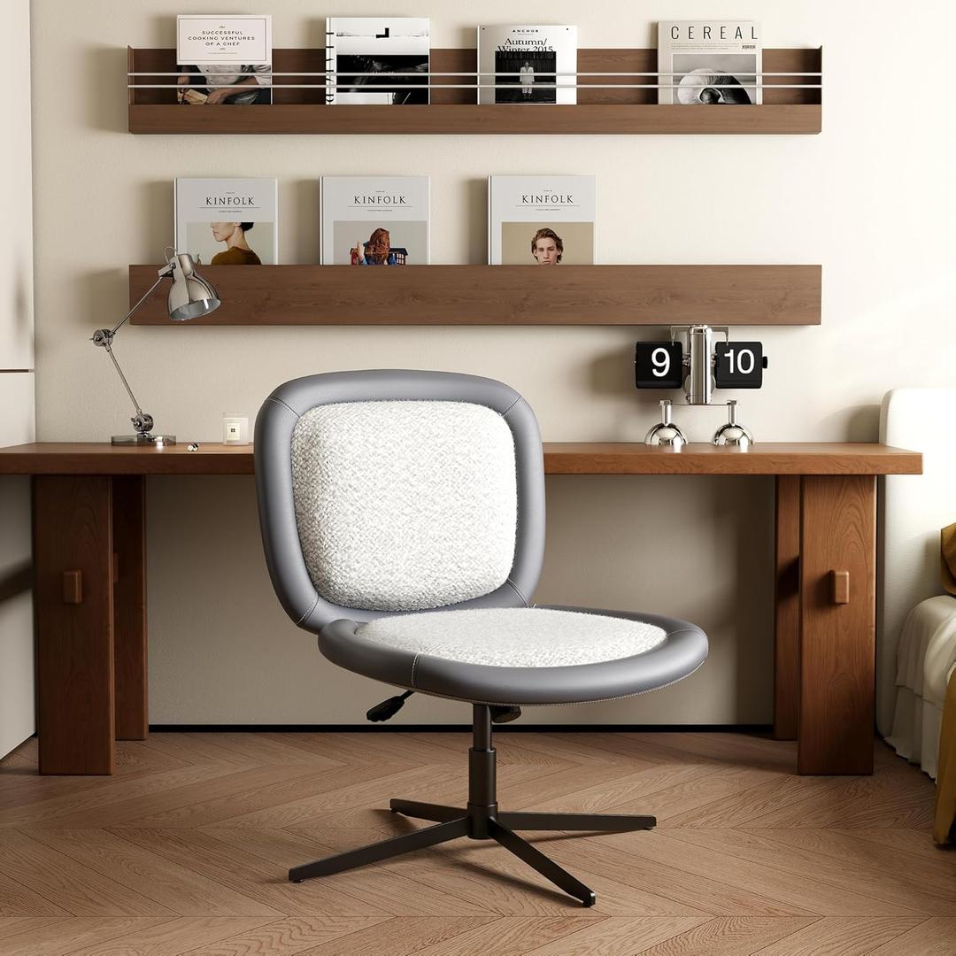 Nordic Armless Ergonomic Office Chair with Wheels, Diamond Tufted PU Leather Computer Chair, Adjustable Height Desk Chair with Solid Wood Back for Small Home Office (No Wheels-Beige)