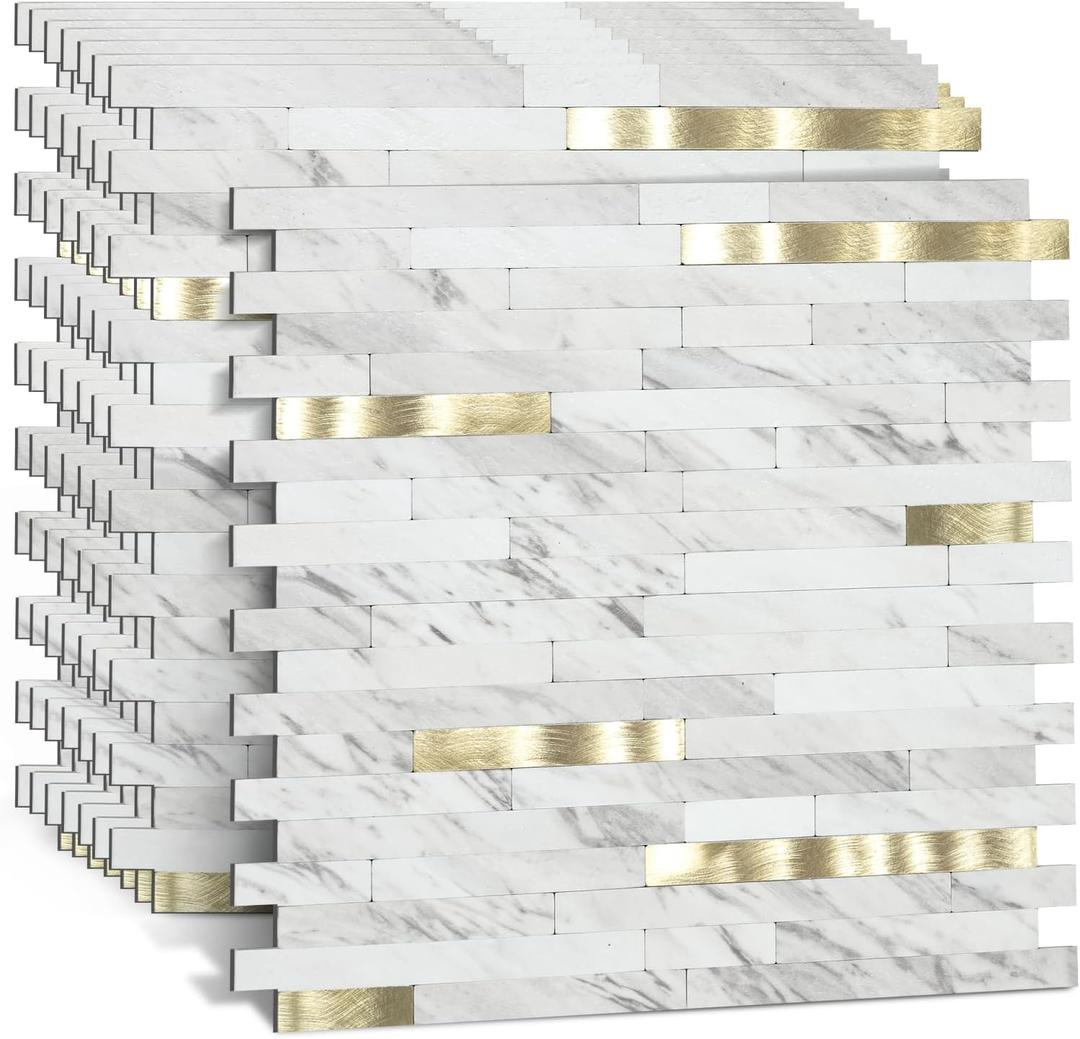 8 Pieces Peel and Stick PVC Mosaic Backsplash,for Kitchen Backsplash,Etc (White Marble with Metallic Gold)