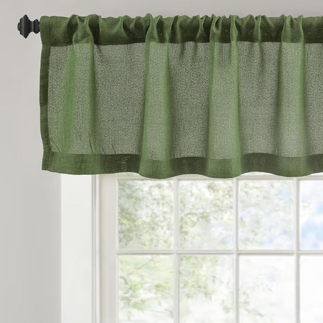 DriftAway Linen Textured Curtain Valances for Windows Light Filtering 3 Inch Rod Pocket Farmhouse Country Rustic Kitchen Valances for Bedroom Living Room Bathroom 14 inch Length Green