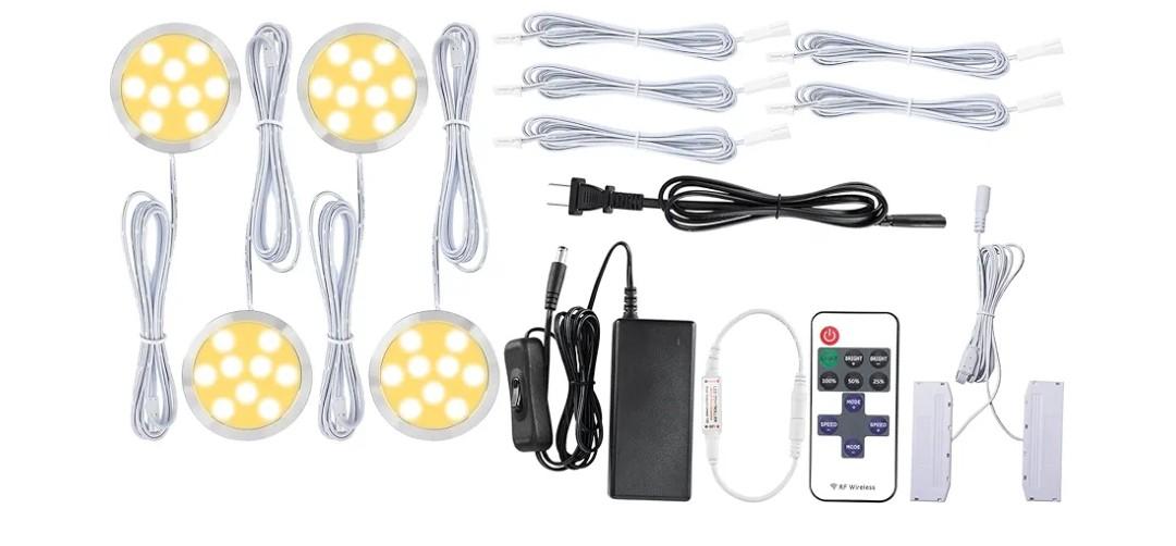 Under Cabinet LED Puck Lights Kit, Curio Display Lighting, Parallel Connection, 120VAC Wall Plug & Hard Wire, Remote Control Dimmable, Warm White, 4 Lights