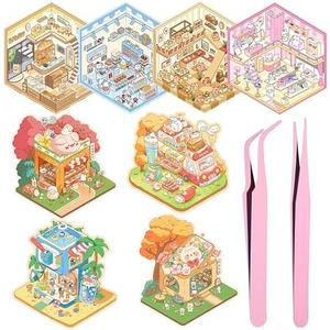 3D Sticker Scene, 8Sets DIY House Stickers Therapy for Adult, Make Your Own Mini Shop Stickers with 2 Types of Tweezers, Reusable&Waterproof Cute Cartoon Animal Sticker for Relief Stress Pass The TimePackof 3
