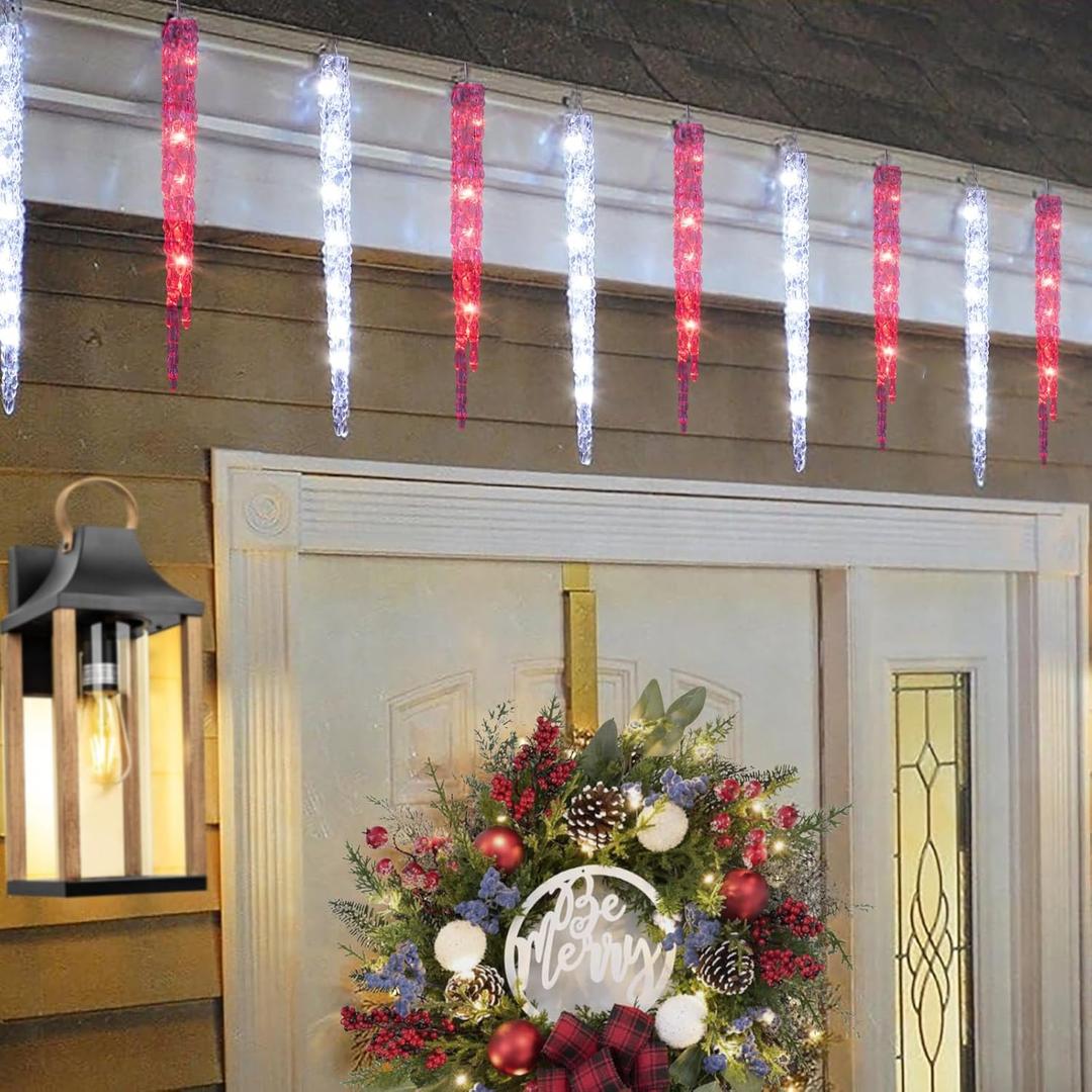 TWINKVILLA Red and White Icicle Christmas Lights - Outdoor & Indoor Hanging with 20 Large Tubes, 29FT 8 Modes with Timer, Connectable Meteor Shower Lights for Candy Cane Theme Decoration