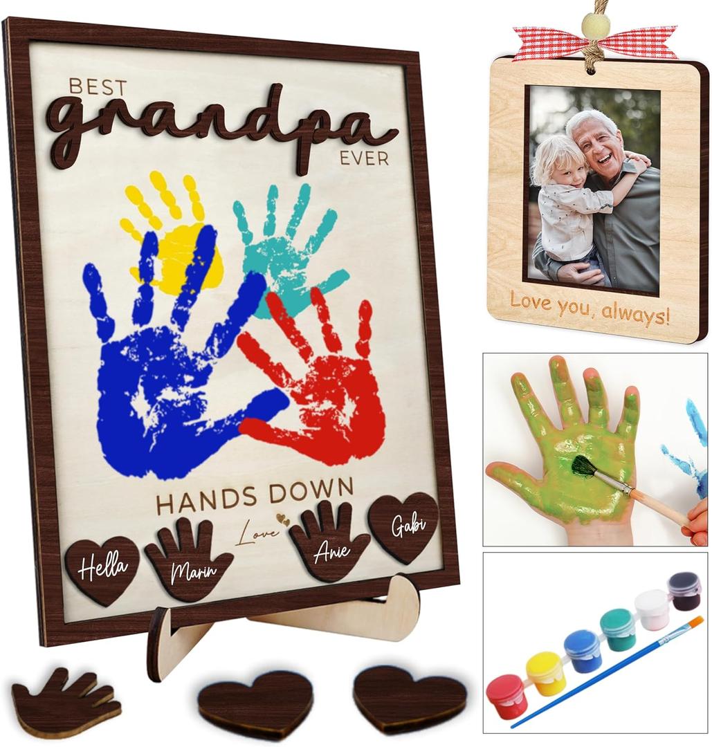 10" Hands Down Best Grandpa Ever DIY Handprint Kids Frame with Paints, Car Picture Holder, Photo Ornament, Fridge Magnet, Art Craft Family Keepsake Birthday Father's Day Gift for Pops, Papa HF610 (10L" x 8W")