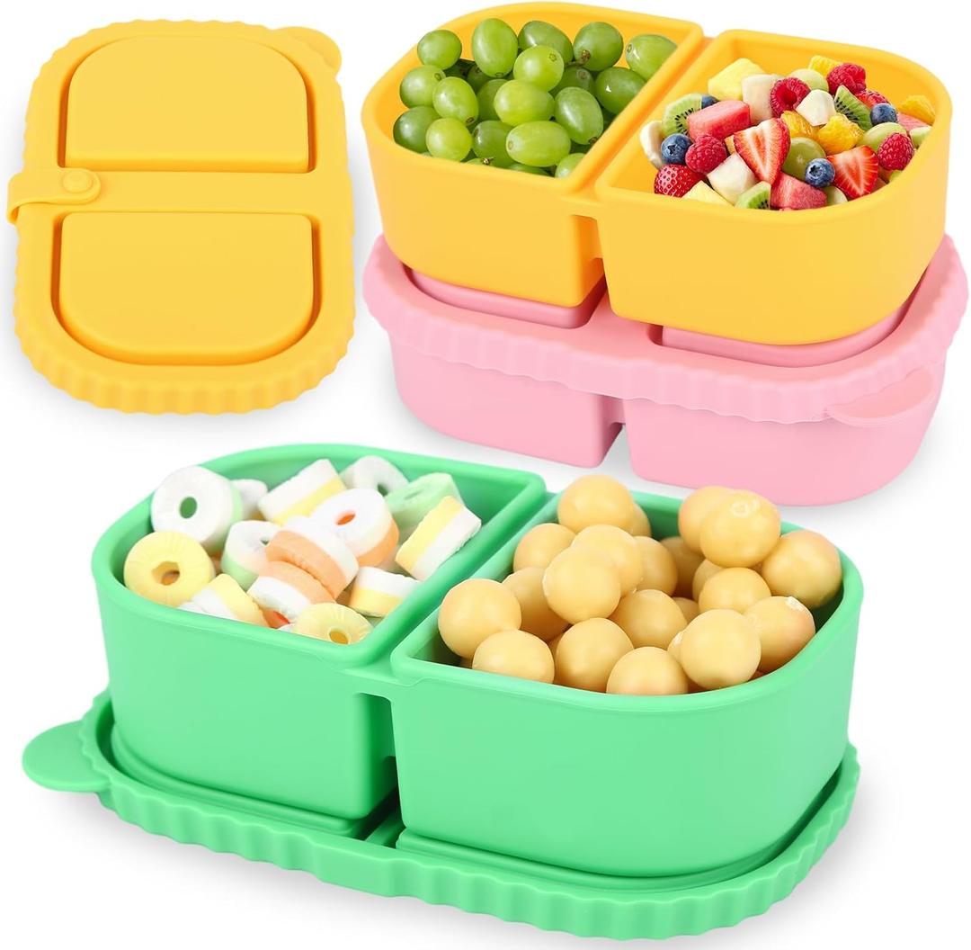 3 x 3 Pack 8.5 oz Silicone Reusable Snack Containers with Lids, Portable Sauce and Salad Small Containers 2 Compartments, Leak-proof Snack Boxes for Travel, Picnics, School