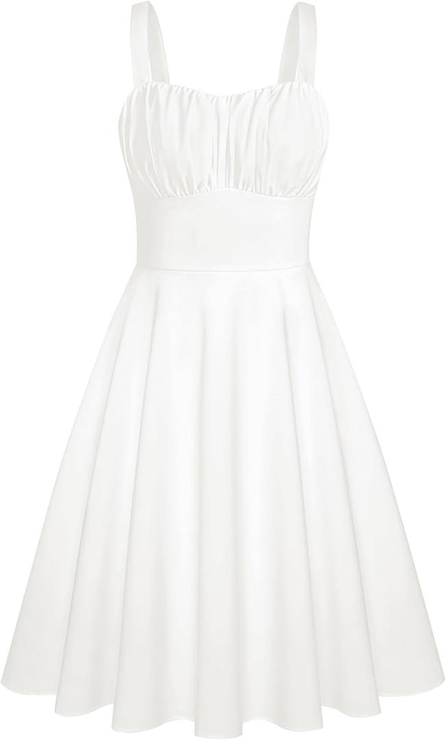 Belle Poque Vintage Floral Dress for Women 2026 Summer A-line Sleeveless Flowy Midi Elegant Wedding Guest Cocktail Dress (White, S)