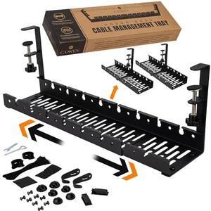 No Drill Under Desk Cable Management Tray - Extendable 16" to 31" Sturdy Steel Desk Cord Hider Raceway - Under Desk Cable Tray Holder with 38 Wire & Cable Rack Organizer Accessories - Black