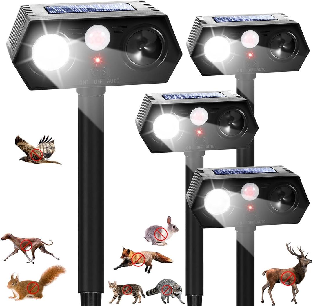 2026 Upgraded Solar Ultrasonic Animal Repellent Deer Deterrent Outdoor Motion Activated with Flash Light Repeller Keep Cat Squirrel Dog Raccoon Skunk Rabbit Away from Yard Garden Lawn 4 Pack
