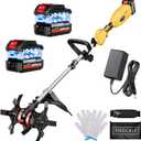 Cordless Tiller Cultivator, 21V 450RPM Electric Tiller with Battery Level Display, 2 * 4.0Ah Batteries & Charger, Tiller for Gardening, Lawn, Soil (Cultivation Width 10"/ Depth 9"), Yellow 