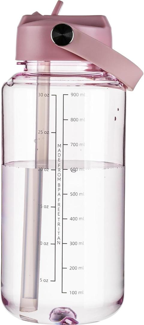 OLDLEY 32 oz Clear Water Bottle with Straw,Tritan BPA-Free, Wide Mouth, Leak Proof - for Gym, Travel, Home, School, Office (Pink)