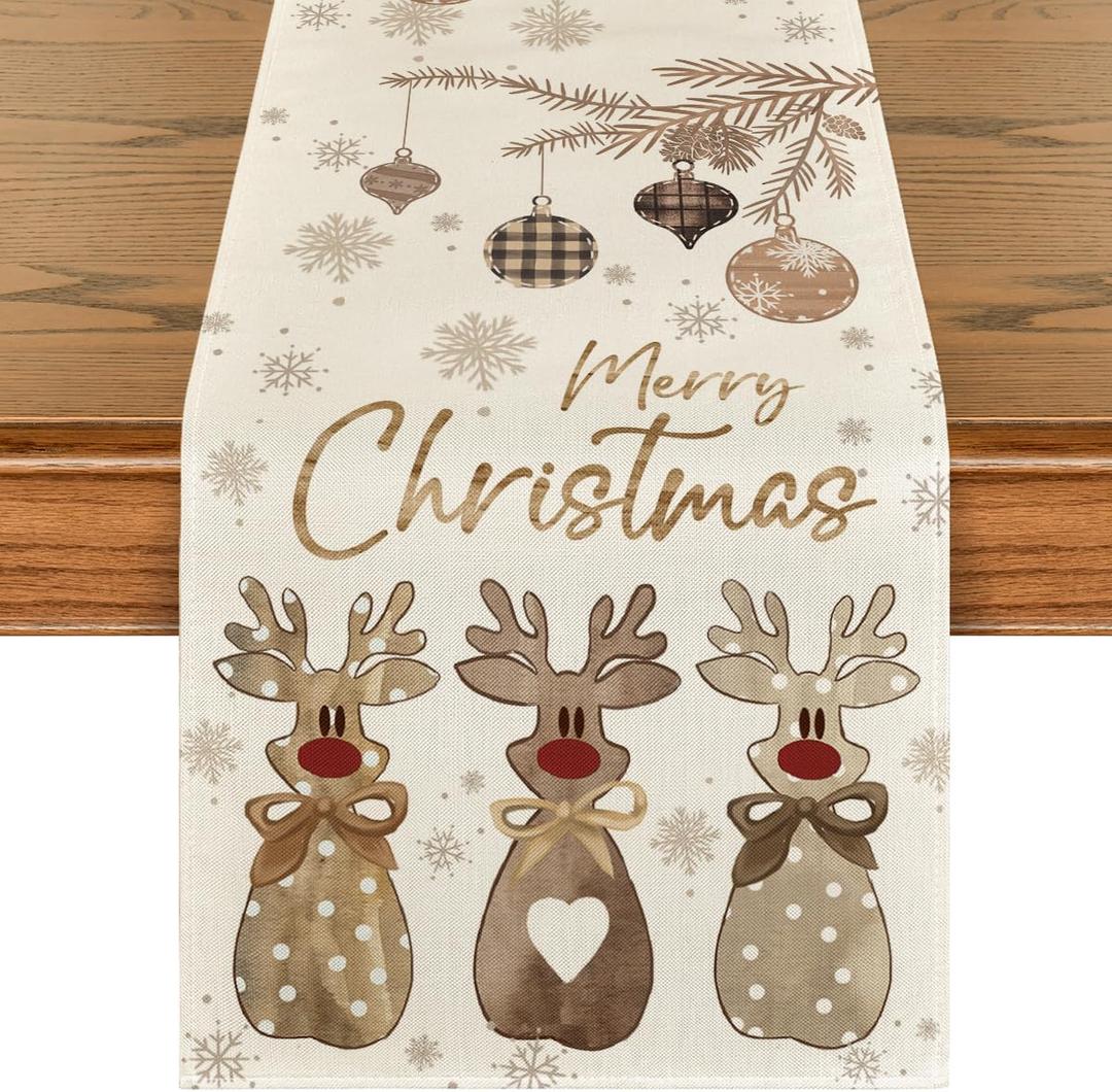 Artoid Mode Deer Snowflakes 210 GSM Merry Christmas Table Runner, Seasonal Winter Kitchen Dining Table Decoration for Home Party Decor 13x36 Inch (Brown)