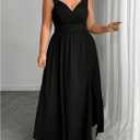 OYOANGLE Women's Plus Size Lace Trim Sleeveless Maxi Dress Wrap V Neck High Slit Formal Evening Dresses, Black, 4XL