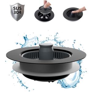 Hibbent Upgraded 3 in 1 Kitchen Sink Drain Strainer and Stopper Combo, Stainless Steel Metal Pop Up Sink Stopper, Anti-Clogging Basket Strainer with Handle for US Standard 3-1/2 Inch Drain, Black