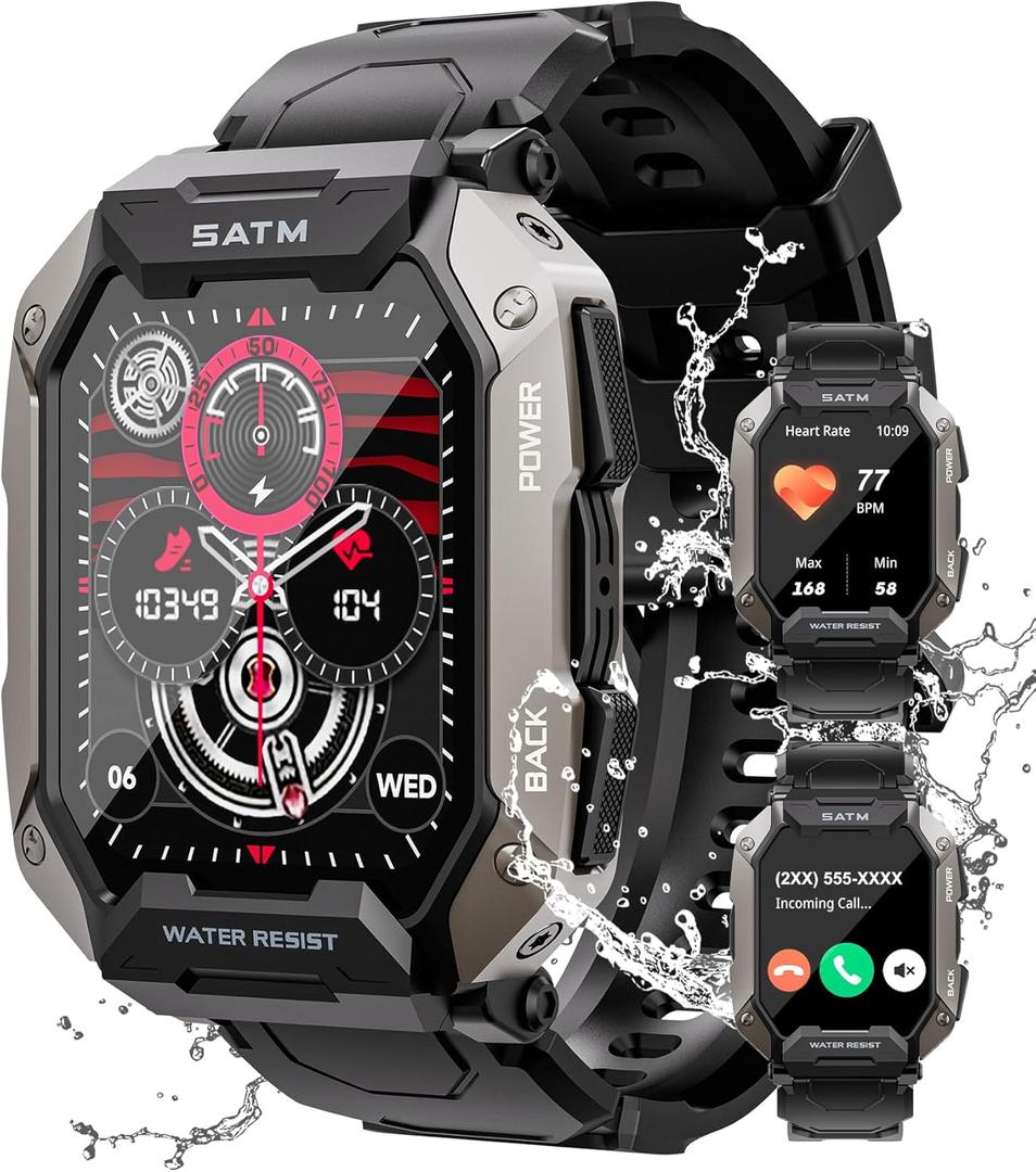 Smart Watches for Men, 2.01'' HD Display with Bluetooth Calls 100+ Sport Modes, IP68 Waterproof for Swimming Fitness Smart Watch for Android and iPhone, Blood Pressure/Heart Rate Smartwatch, Black (Standard)