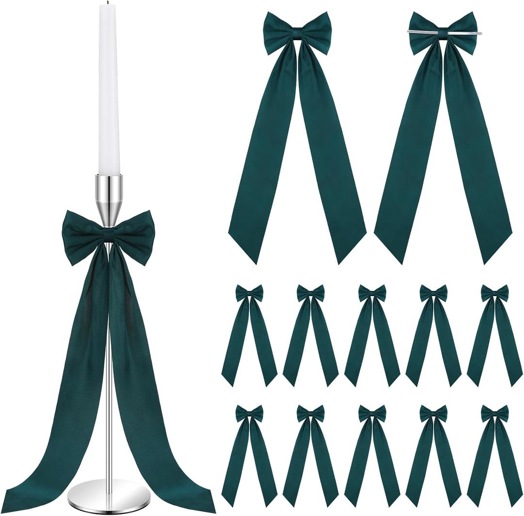 12 Pcs Green Christmas Candlestick Bows Decor 13 Inch Large Coquette Decorations Bows for Table Self Adhesive Candle Holder Gift Wrapping Wedding Bridal Shower Bachelorette Party Centerpieces