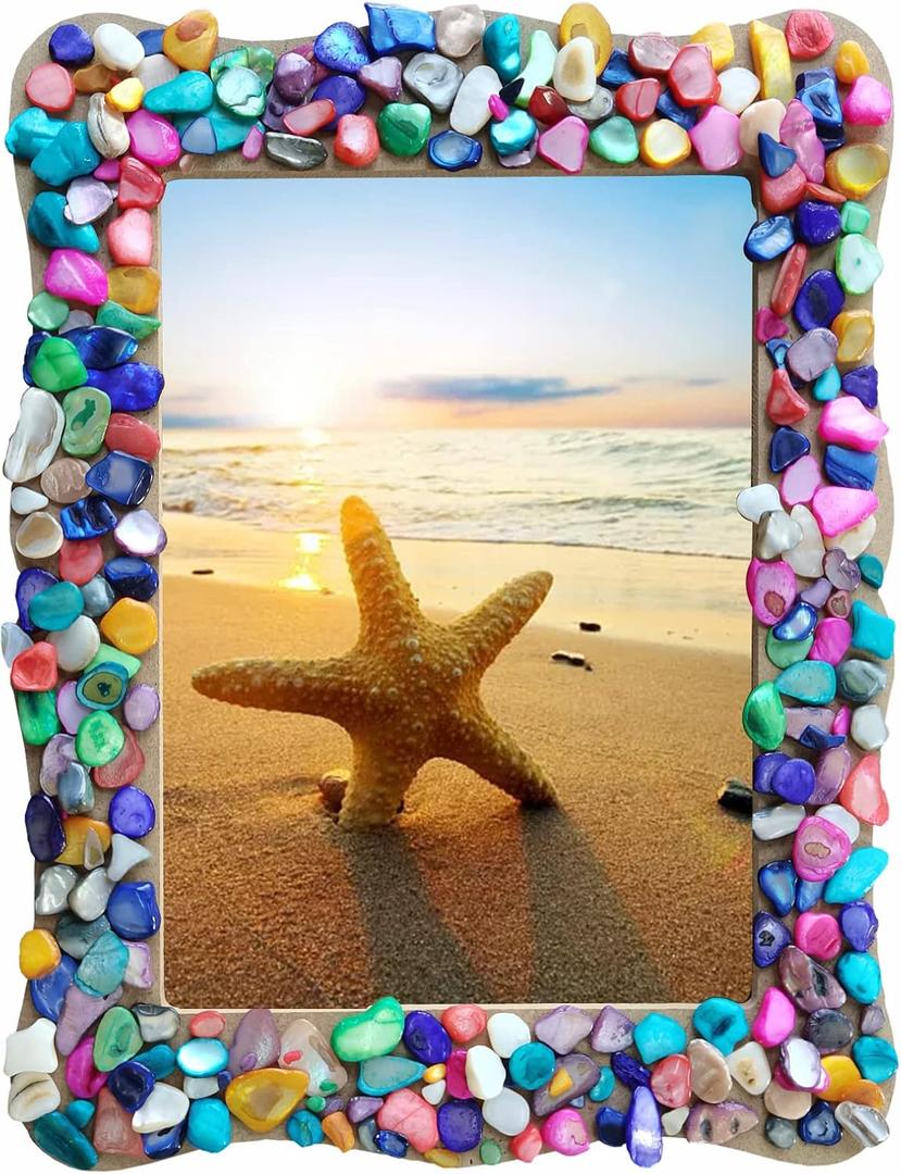 WOOPSOO Diy Picture Frame kit Handmade Shell Fragment Decoration Picture Frames Family Gifts Crafts Photo Frame for Kid 7 inch Wooden Picture Seashell Frames for Crafts Birthday Party