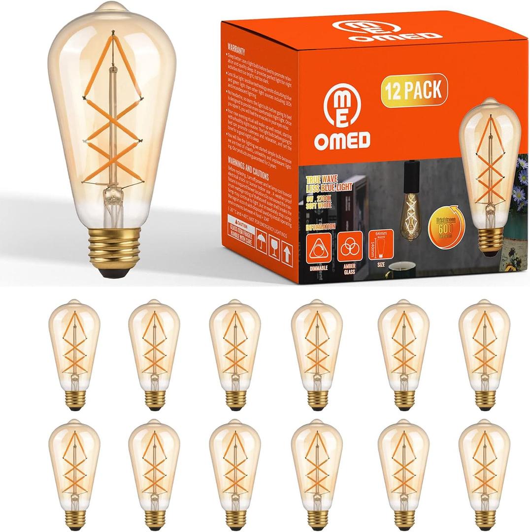 OMED Dimmable LED Vintage Edison Bulbs, ST64 2700K Soft White Fishbone Filament Antique Edison Bulbs Whit E26 Base 60 Watt Equivalent, 6W 600LM Old Fashioned Amber Glass Spiral Light Bulbs 12 Pack