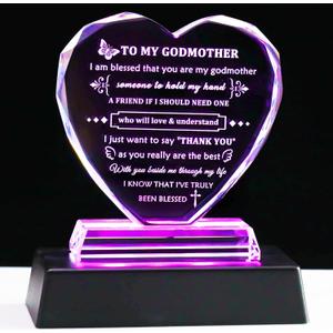 YWHL Godmother Gifts from Godchild with Colorful Light Base, Best Godmother Gifts for Birthday Crystal Heart Keepsake, To My Godmother Gifts from Goddaughter Godson on Mothers Day Christmas