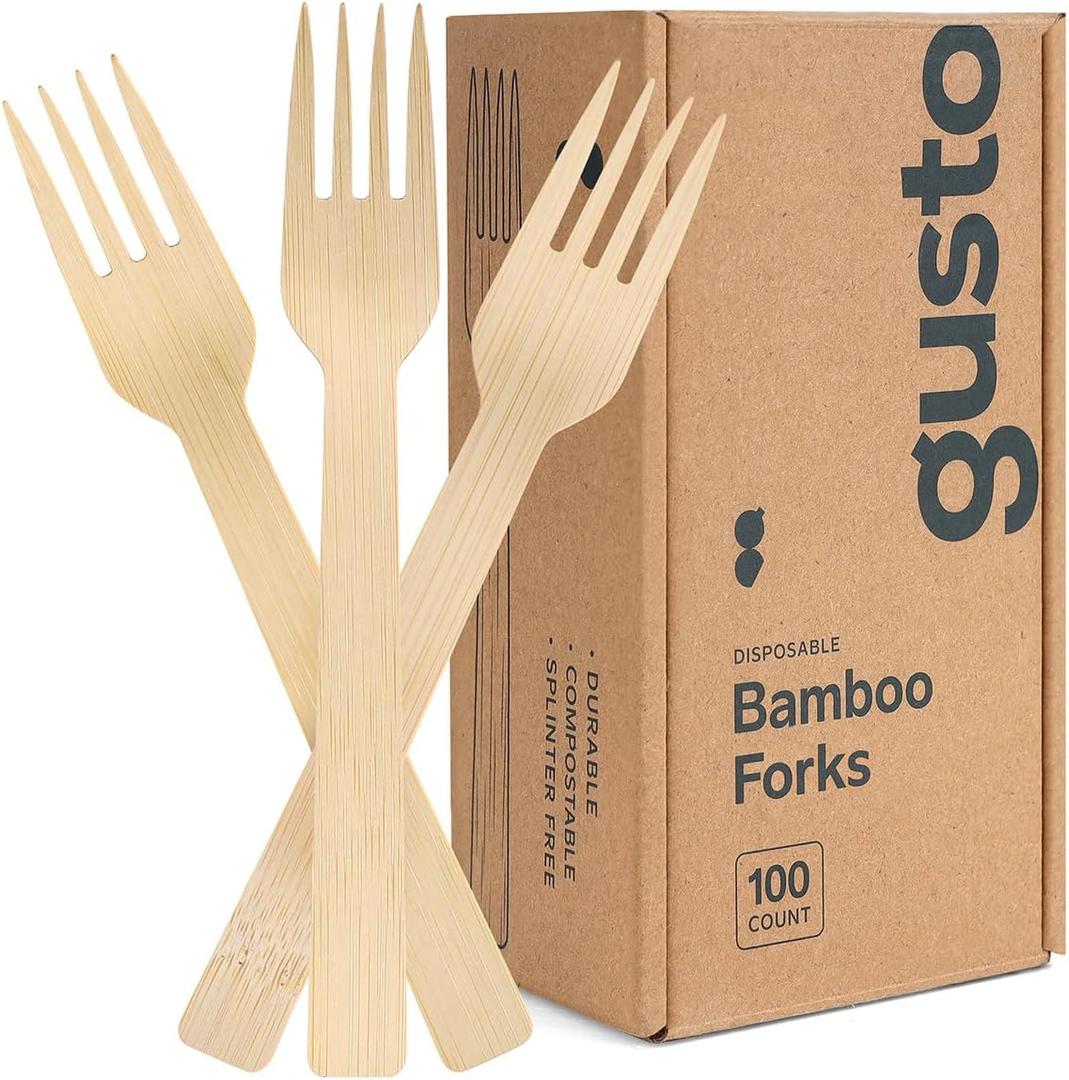 GUSTO [100 Count] Natural Bamboo Disposable Forks - Biodegradable and Eco-Friendly Utensils for Outdoors, Parties, and Events