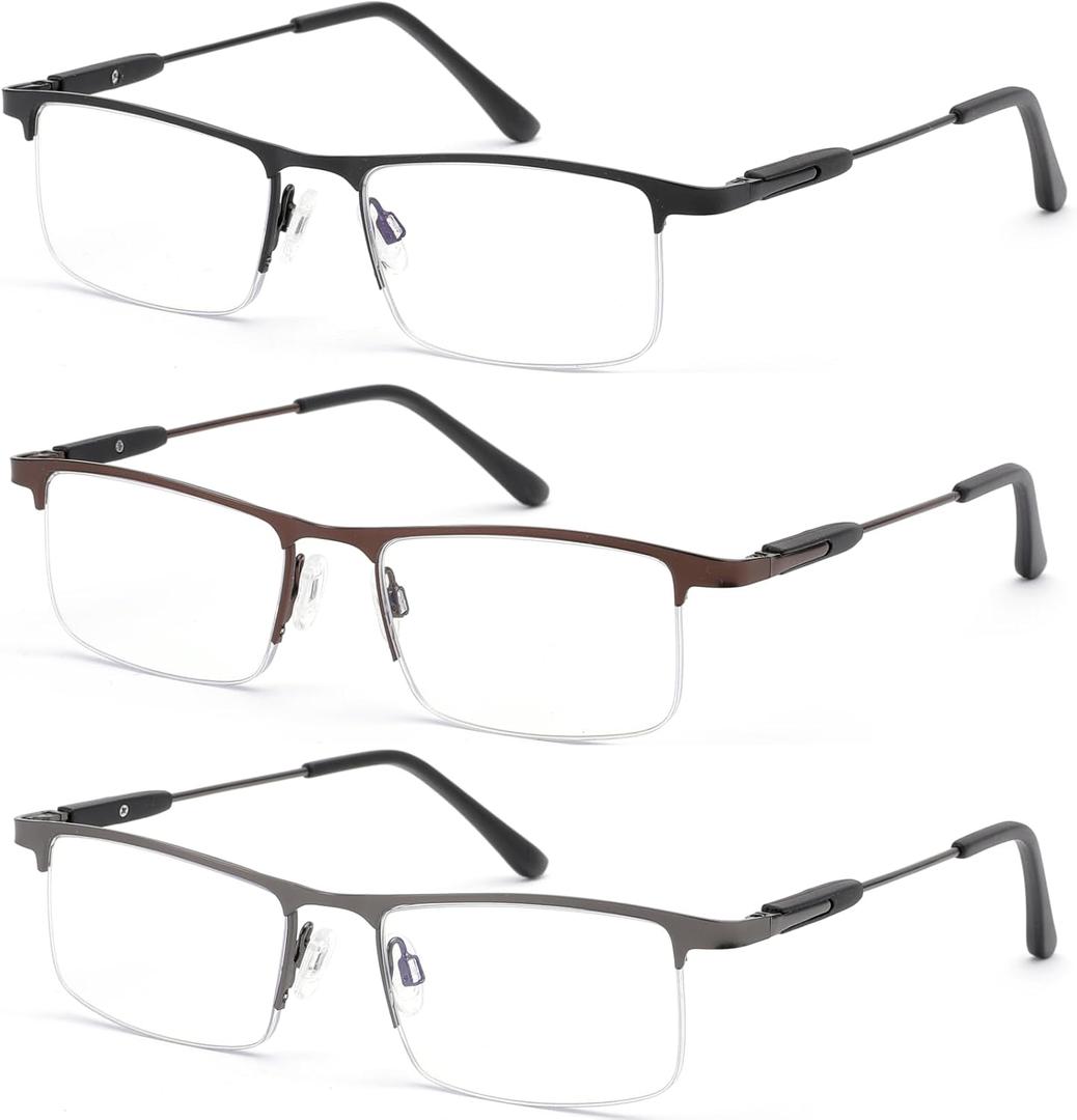 3 Pack Blue Light Reading Glasses for Men & Women, Semi-Rimless Lightweight Metal Readers, Spring Hinge Eyeglasses