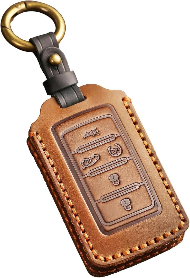 Leather Key Fob Cover for Jeep 2021-2024 Grand Cherokee L Grand Wagoneer Key Case Protector keychain Smart Key Holder Brown