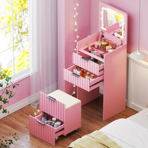 Small Vanity Desk with Flip Top Mirror and Lights,Fluted Compact Makeup Vanity with Hidden Storage Stool and Drawers,Modern Vanity Table Set for Small Space, Bedroom,Pink