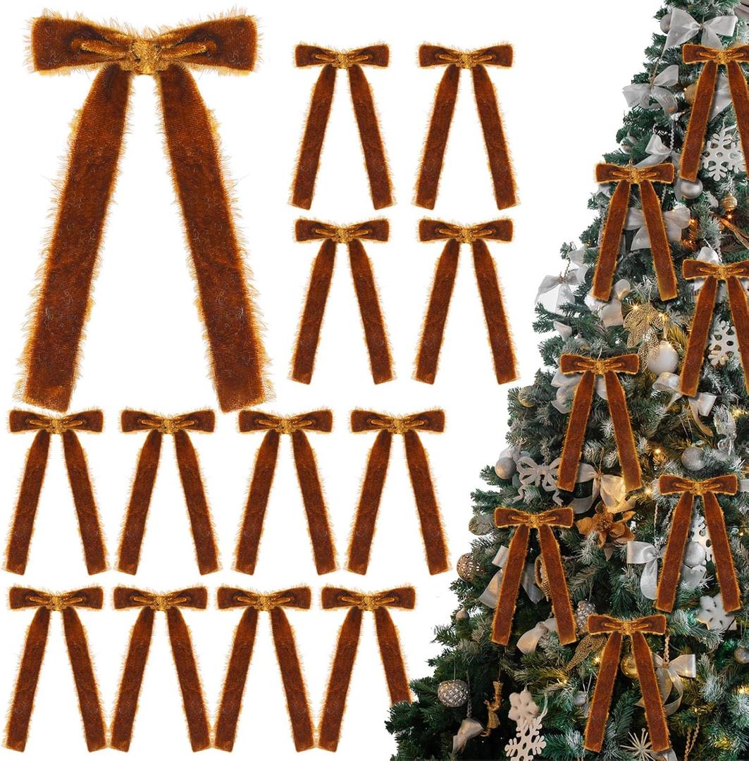 12 Pcs Brown Bows for Christmas Tree Brown Frayed Velvet Ribbon Bows Ornaments Vintage Frayed Crushed Velvet Ribbons for Tree Garland Wreath Indoor Outdoor Xmas Decorations