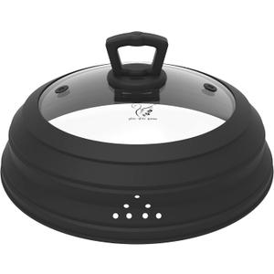 Microwave Splatter Guard - Vented Glass Cover With Collapsible Silicone for Food as Pot Lid 11.8 inch Large Plate Cover for 6-11 inch Plate Bowl (Black)