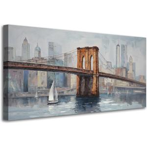 Anolyfi Nyk Brooklyn Bridge Wall Art, Grey Skyline Painting for Living Room Bedroom Home Decor 40"x20"