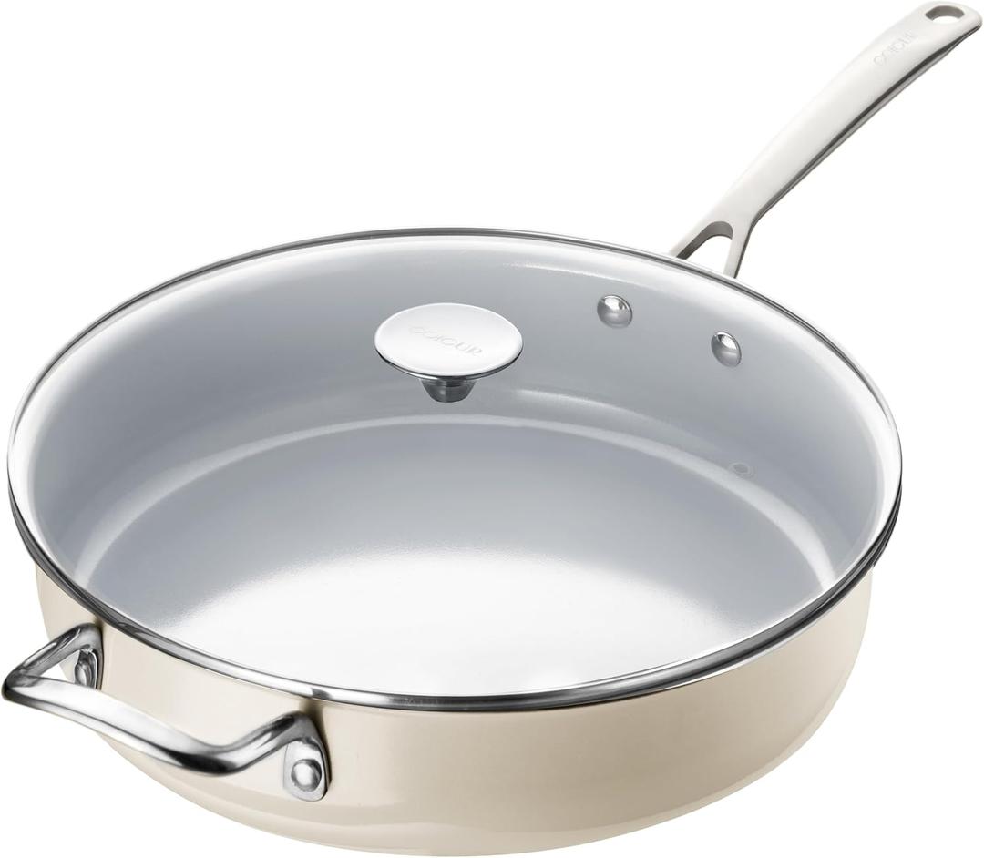 Nonstick Sauté Pan with Lid 5 QT Deep Frying Pan with Stainless Steel Handle 12 inch Large Skillet Ceramic Jumbo Cooker for Cooking Induction Compatible Frying Pan, Cream White