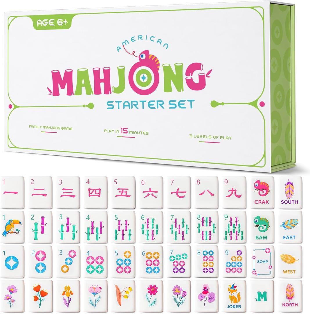Mini Mahjong Set for Kids & Beginners, Portable Travel Mahjong Tiles Set American for Family, 160 Acrylic Mini Mahjong Tiles with Carrying Bag, Mat, Racks, Mah Jong Starter Kit for Ages 6+ (Green)