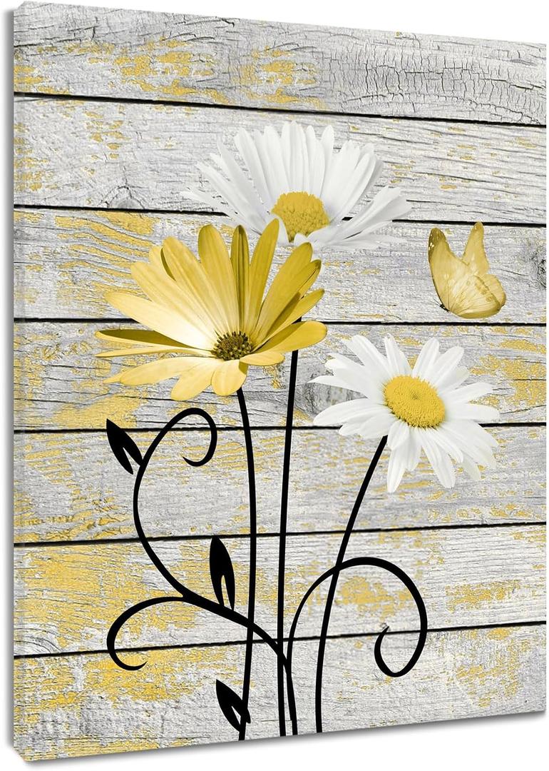 HVEST Farmhouse Yellow Floral Wall Art for Bathroom, Retro Daisy and Butterfly on Rustic Wood Canvas Wall Art Nature Flower Pictures for Living Room Bedroom Apartment Wall Decor,16L X 12W inches