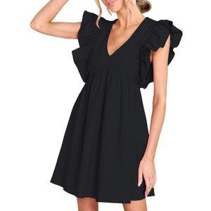 FANCYINN Women's Summer Casual Babydoll Mini Dress Ruffle Sleeveless Deep V Neck High Waist Swing Tunic Dress with Pockets (Large, Black)