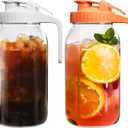 2 Pack Glass Mason Jar Pitcher with Lid, 64 oz (2 Quart) Leakproof Water Pitcher with Handle for Sun Tea, Cold Brew, Milk & Juice, White & Orange