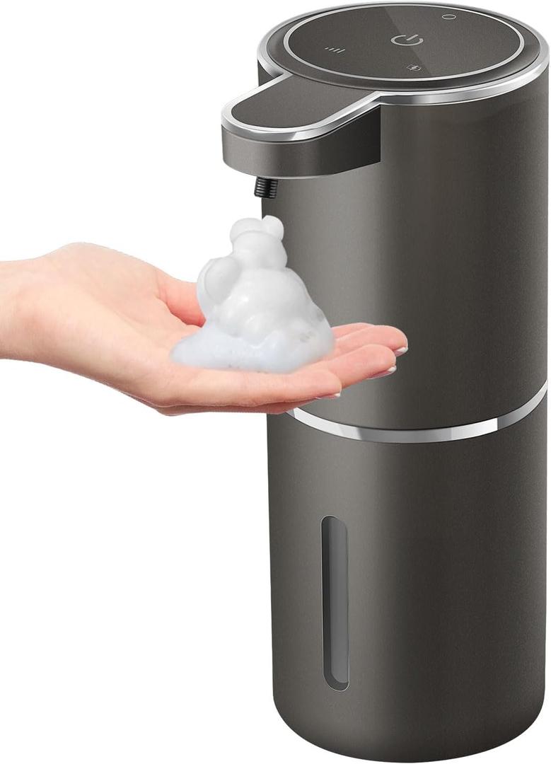 Automatic Foaming Soap Dispenser, 4-Level Adjustable Foam, Wall Mount, USB Rechargeable, 12.8oz/380ml, Touchless Hand & Dish Soap Dispenser for Bathroom, Kitchen, Hotel, Restaurant (Metallic Grey Black)